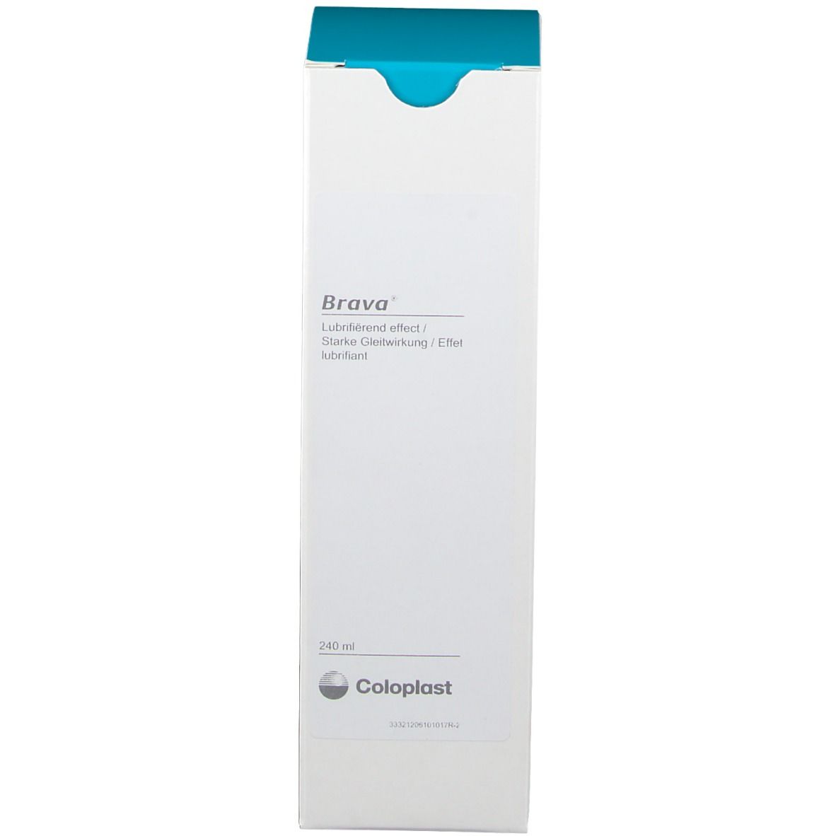 Emballage de Brava Déodorant Lubrifiant. Emballage blanc avec couvercle bleu. Étiquetage et logo.