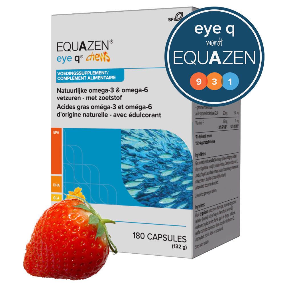 Boîte de EQAEN eye q® chews. 180 gélules. Avec fraise.