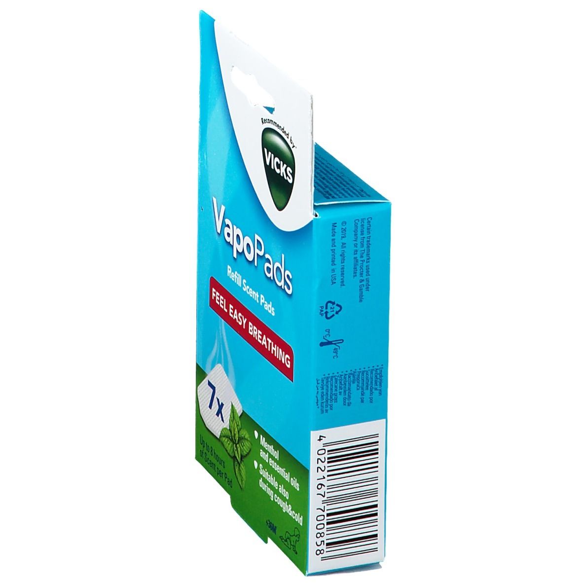 Emballage de VapoPads, bleu et blanc. Contient 7 pads. Logo Vicks. Texte: Feel Easy Breathing. Convient pour la toux et le rhume.