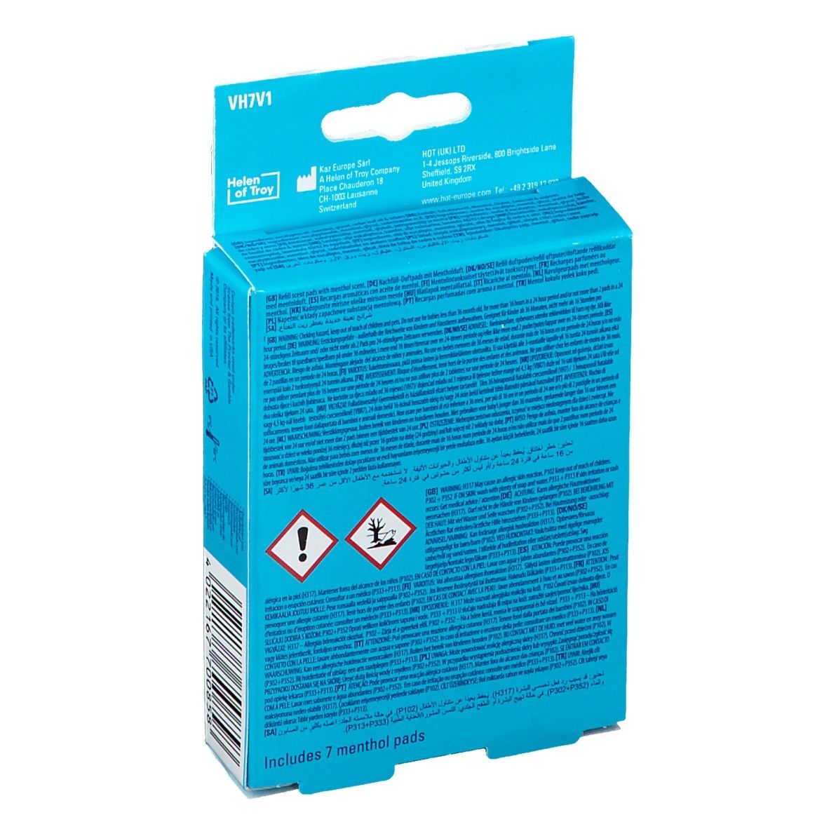 Dos de l'emballage VapoPads. Fond bleu. Texte et avertissements. Contient 7 pads de menthol. Logo Vicks.