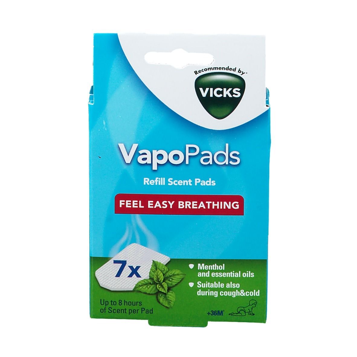 Emballage VapoPads. Bleu et blanc. Contient 7 pads. Logo Vicks. Texte: Feel Easy Breathing. Convient pour la toux et le rhume.