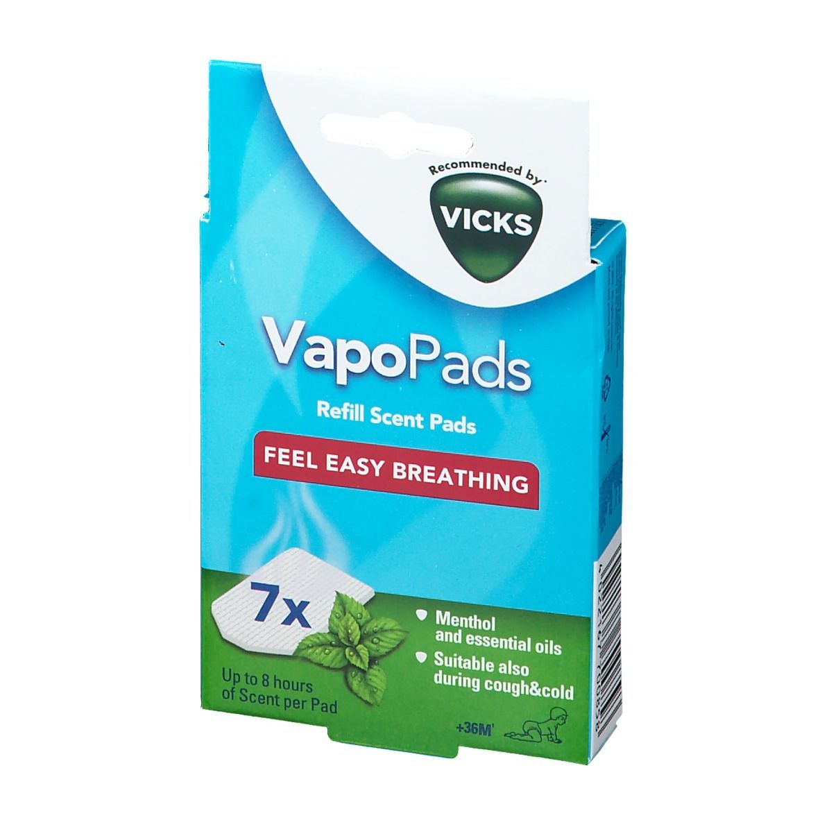 Emballage VapoPads. Bleu et blanc. Contient 7 pads. Logo Vicks. Texte: Feel Easy Breathing. Convient pour la toux et le rhume.