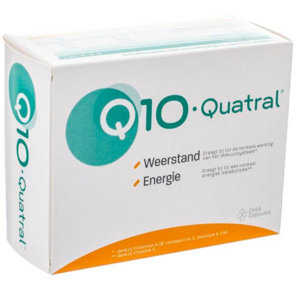 Boîte blanche Q10-Quatral. Texte: Résistance, Énergie. 2x84 capsules. Bande orange en bas.