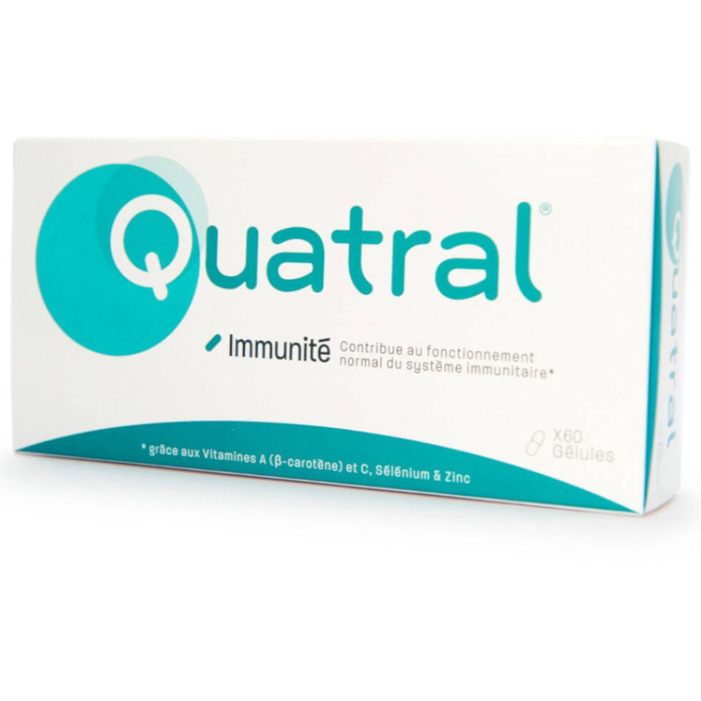 Boîte blanche Quartal®. Texte: Immunité, contribue au fonctionnement normal du système immunitaire. Contient 60 gélules.