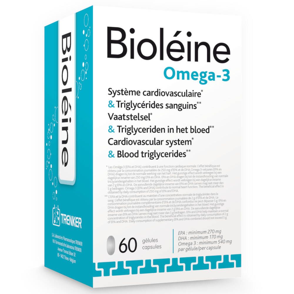 Boîte blanche et bleue "Bioléine Omega-3". 60 gélules. Texte en français, néerlandais et anglais. Marque Trenker.