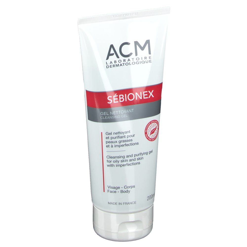 Tube blanc et rouge avec impression. Inscription : ACM, SÉBIONEX, gel nettoyant. 200ml.