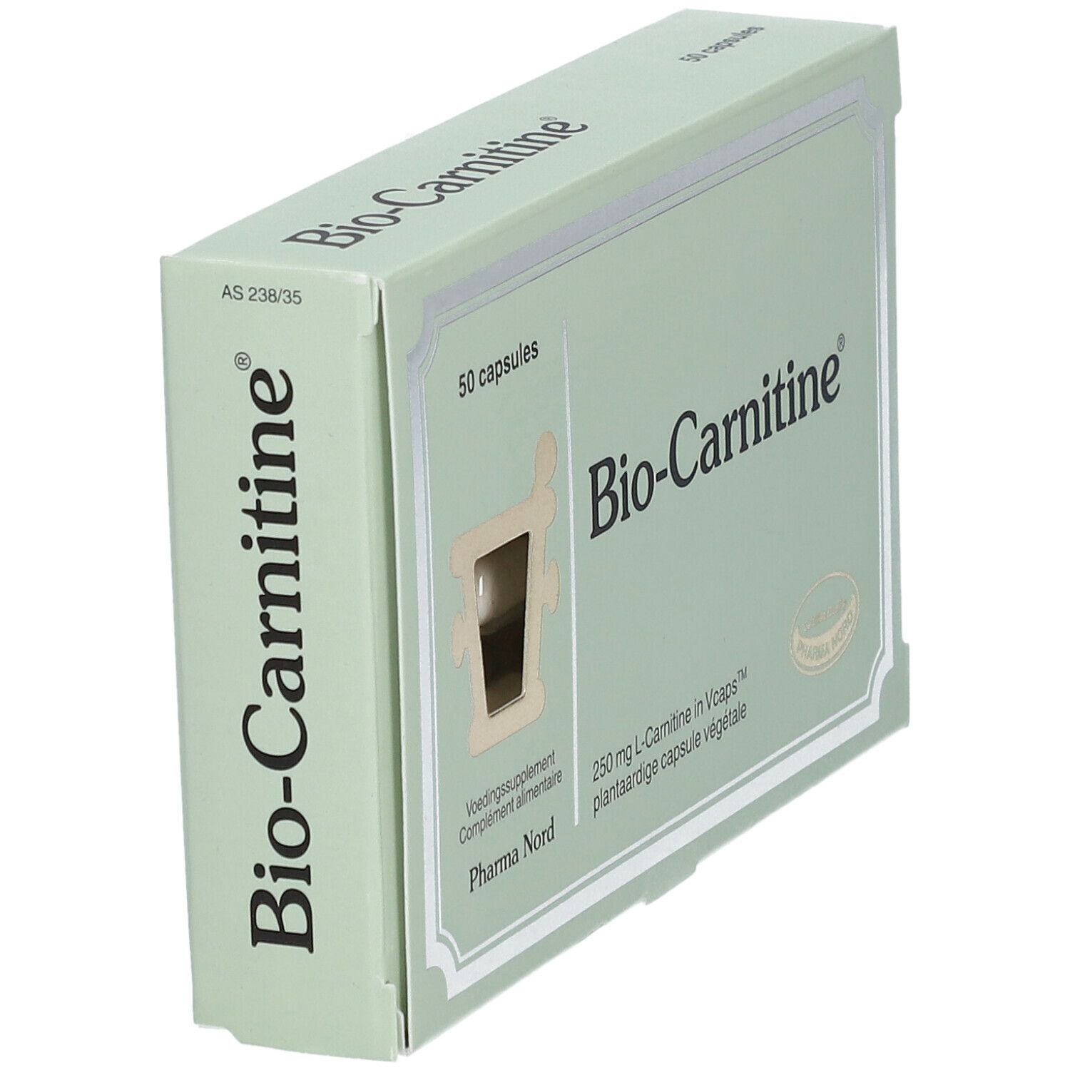 Boîte vert clair avec texte "Bio-Carnitine". Contient 50 gélules. Fenêtre montrant les gélules. Marque: Pharma Nord.