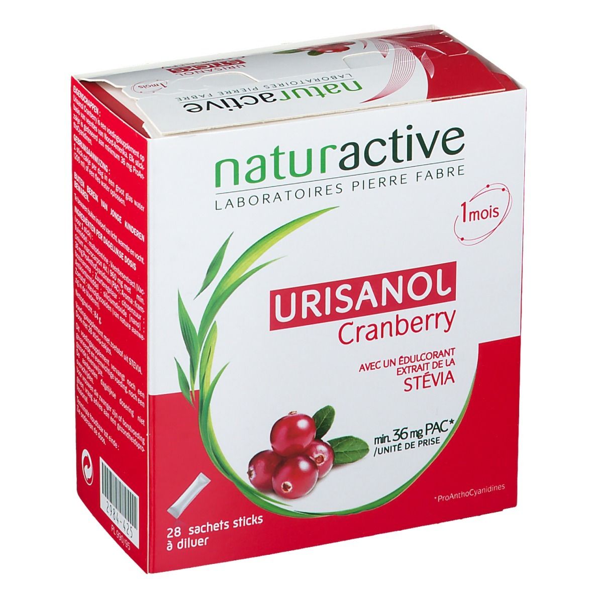 Boîte de Urisanol Cranberry. Emballage rouge et blanc avec nom du produit et illustration de cranberries. Contient 28 sticks.