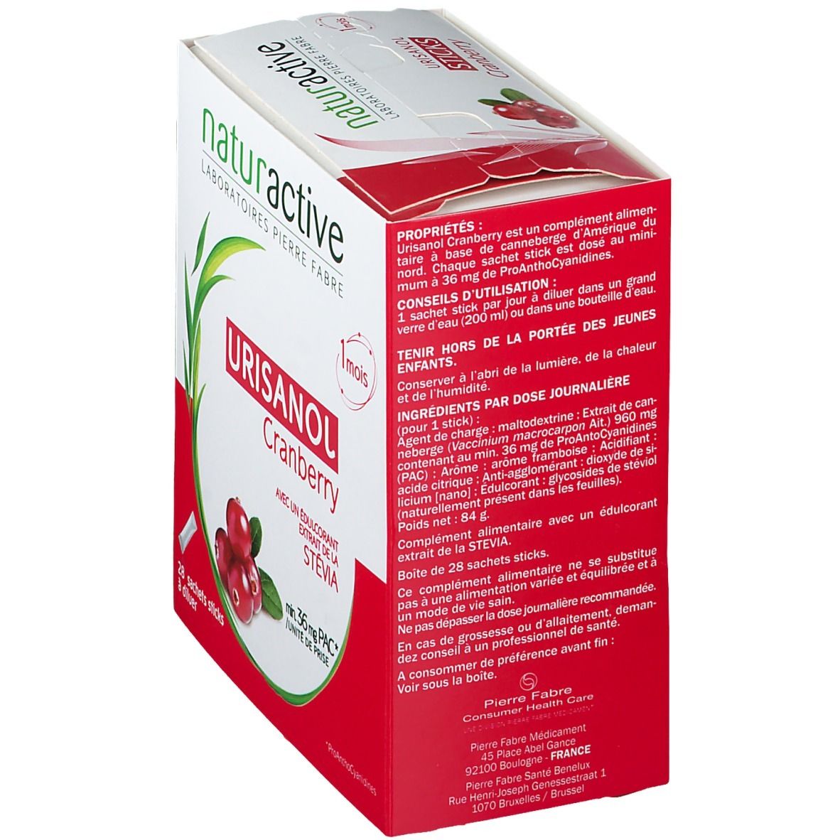 Vue en biais de l'emballage Urisanol Cranberry. Texte avec informations sur le produit et ingrédients. Contient 28 sticks.