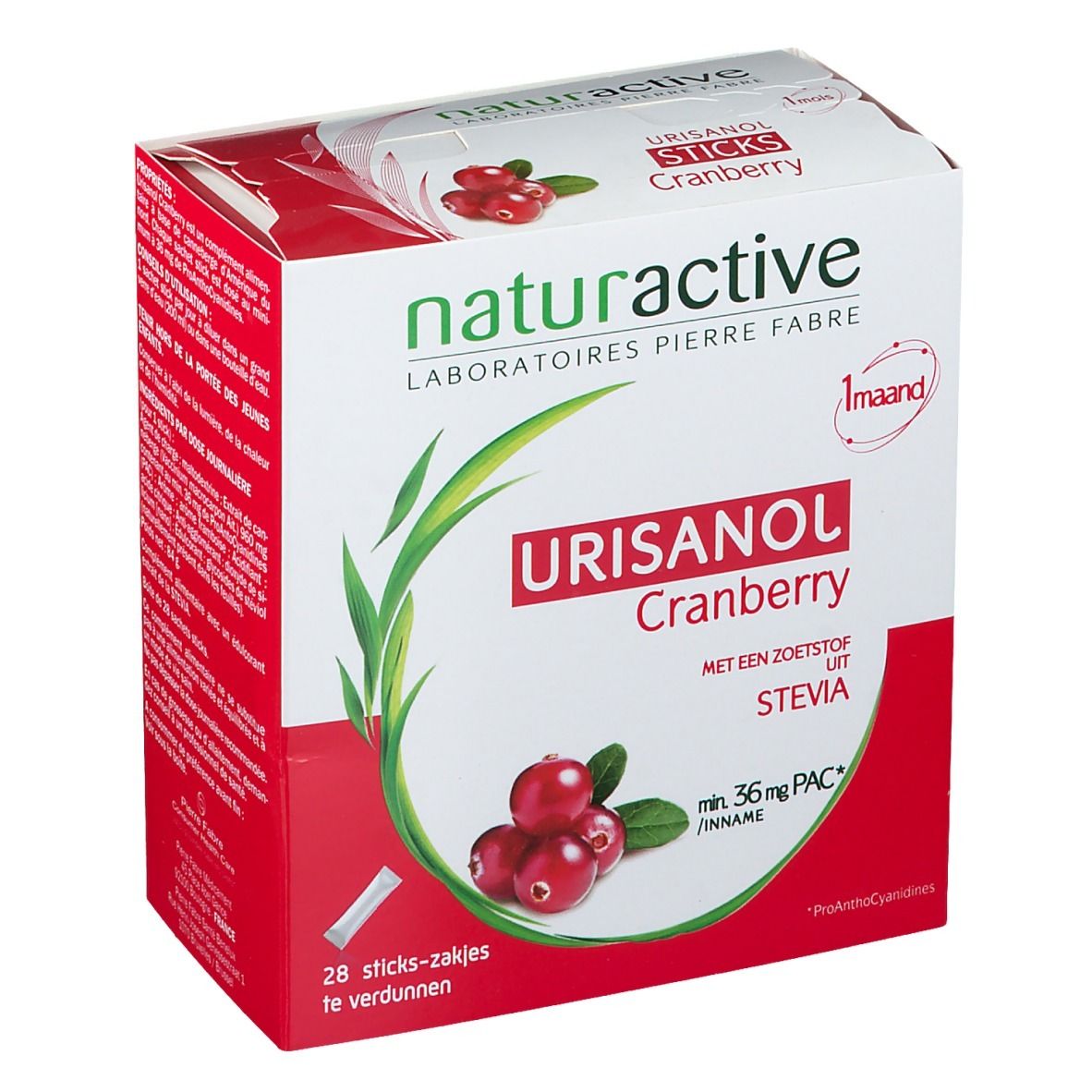 Emballage Urisanol Cranberry. Boîte rouge et blanche avec nom du produit et illustration de cranberries. Contient 28 sticks.