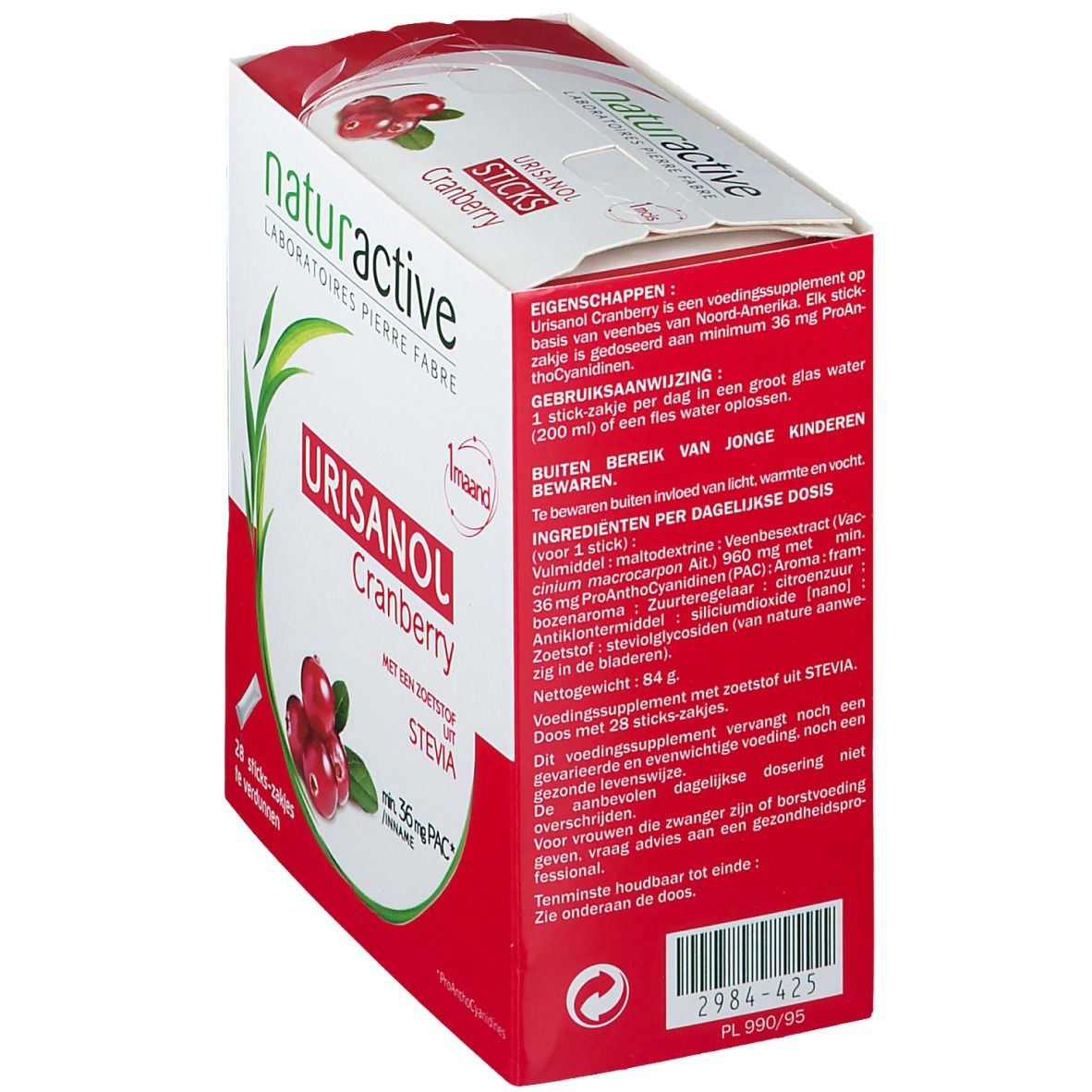 Vue en biais de l'emballage Urisanol Cranberry. Texte avec informations sur le produit et ingrédients. Contient 28 sticks.