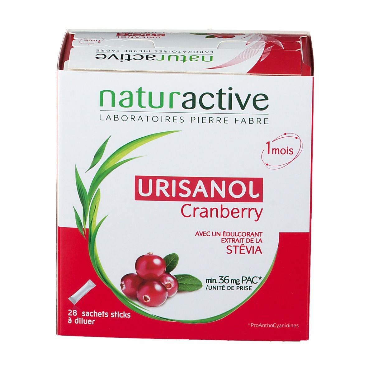 Emballage Urisanol Cranberry. Boîte rouge et blanche avec nom du produit et illustration de cranberries. Contient 28 sticks.