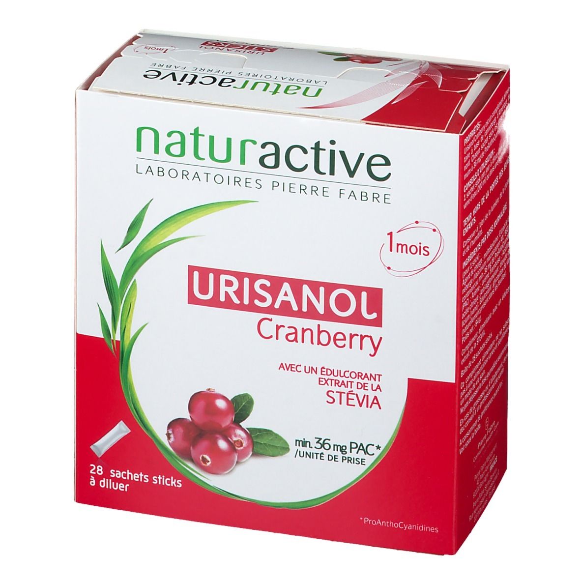 Emballage Urisanol Cranberry. Boîte rouge et blanche avec nom du produit et illustration de cranberries. Contient 28 sticks.