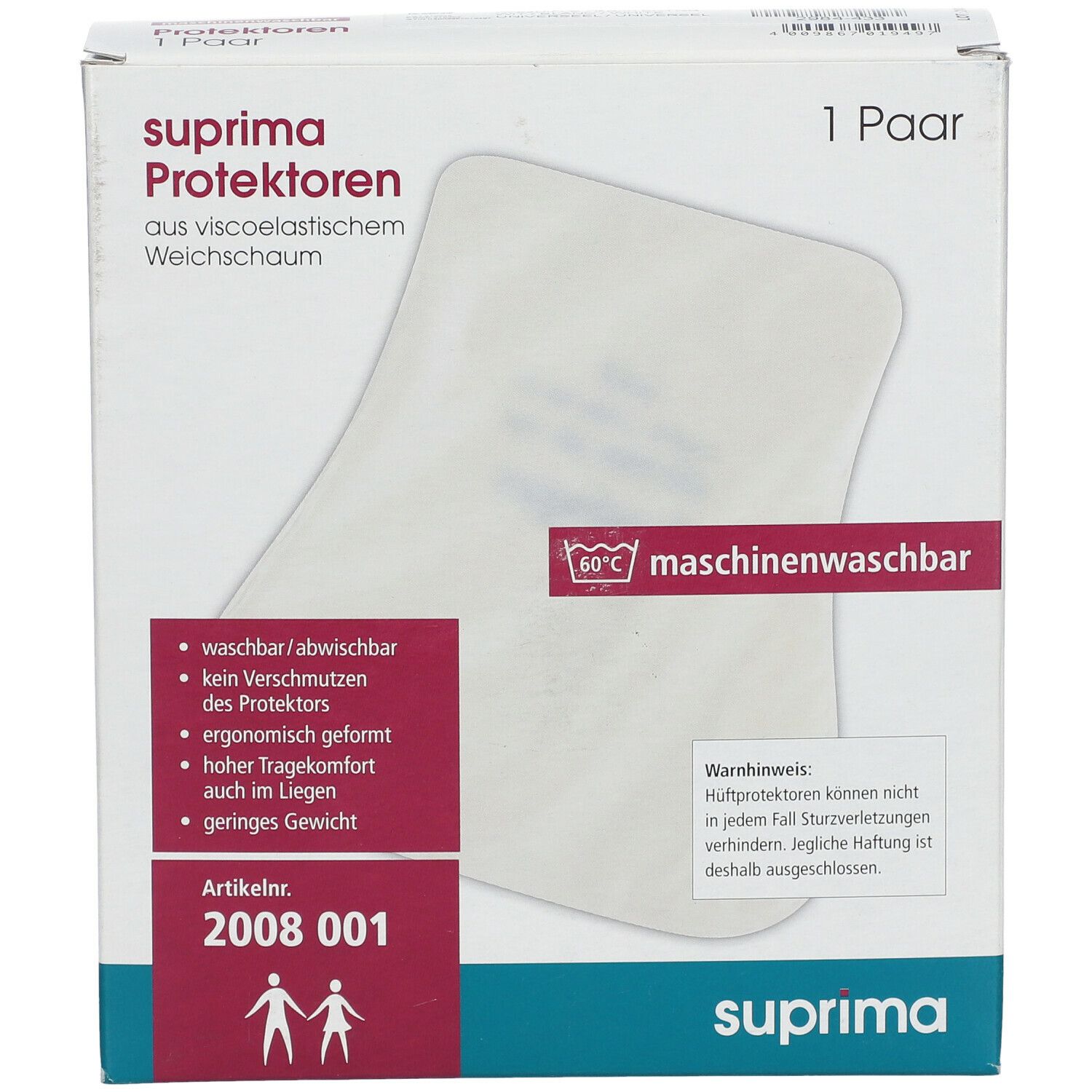 Boîte de protecteurs de hanche. Produit blanc, lavable en machine. Marque : Suprima. Numéro d'article : 2008 001.
