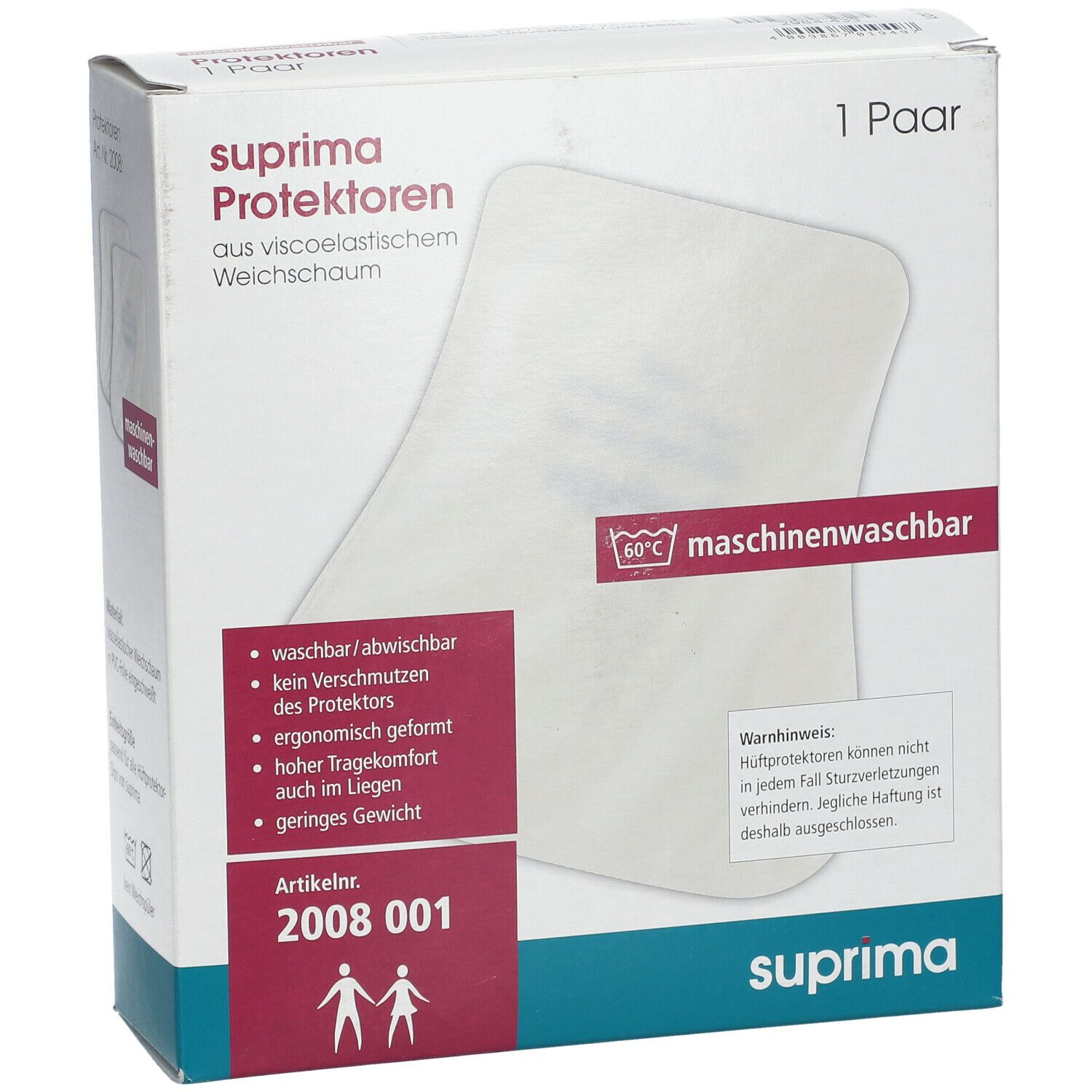 Boîte de protecteurs de hanche. Produit blanc, lavable en machine. Marque : Suprima. Numéro d'article : 2008 001.