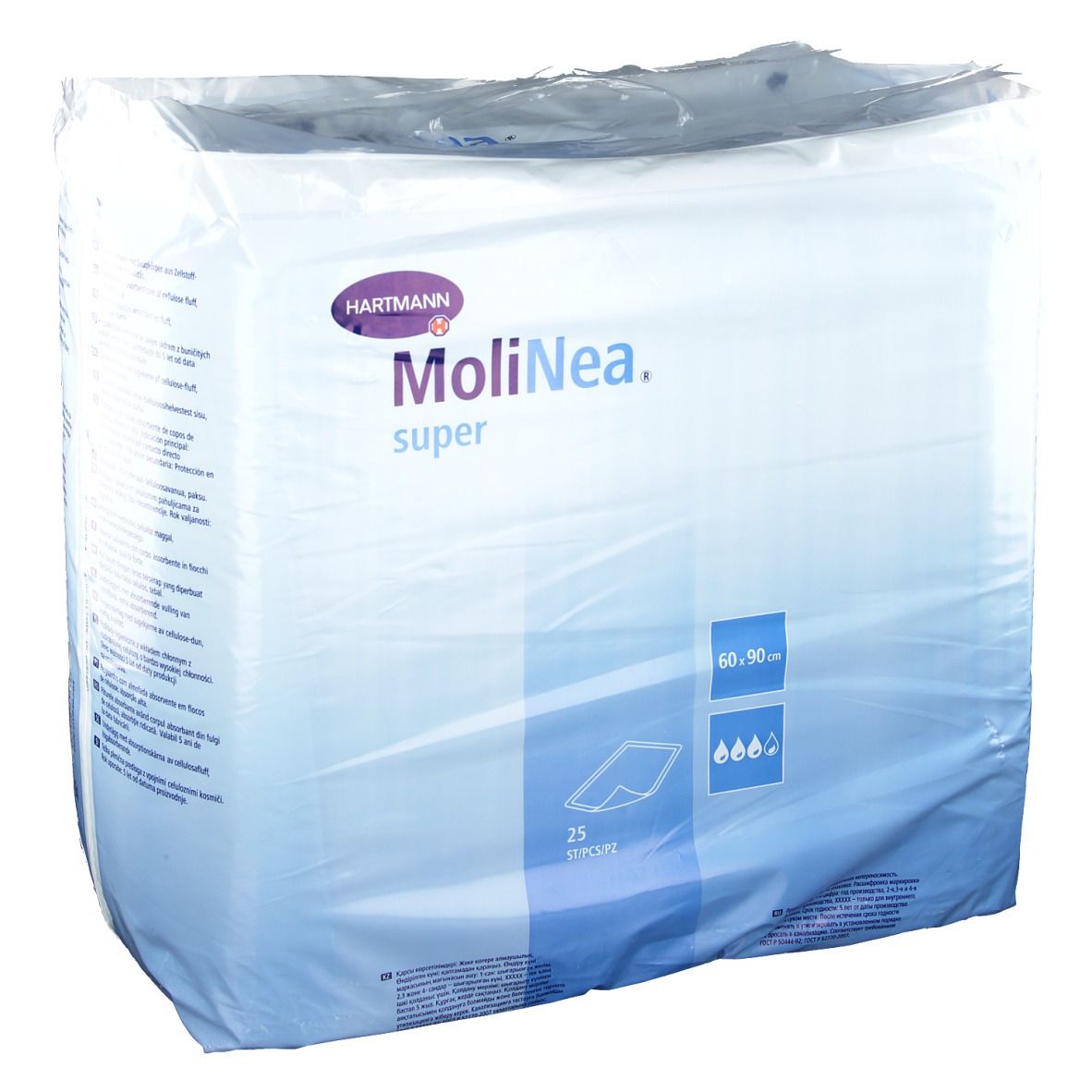 Verpackung MoliNea super, 60x90 cm, 25 Stück. Marke Hartmann. Produktbezeichnung und Größenangabe auf der Verpackung.