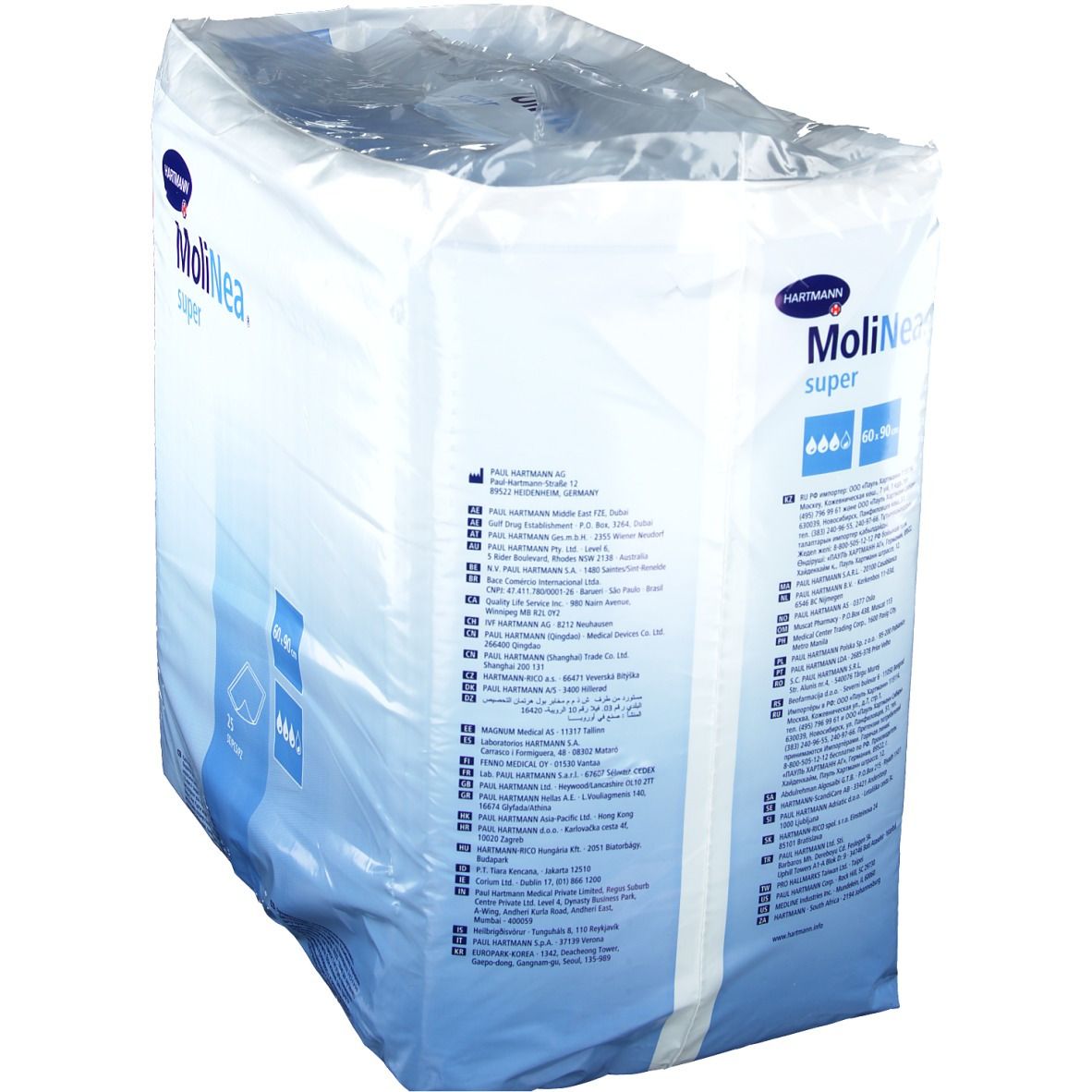 Verpackung MoliNea super, Marke Hartmann. Produktbezeichnung und Größenangabe auf der Verpackung. Rückseite mit Text.