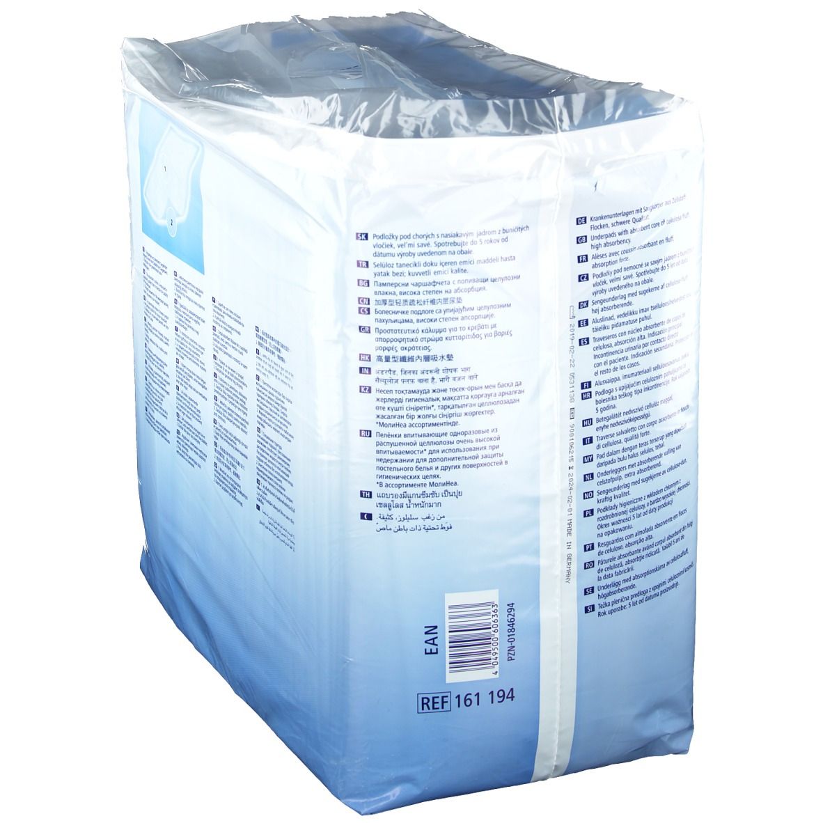 Rückseite der Verpackung MoliNea super. Text in verschiedenen Sprachen. EAN-Code und Referenznummer.