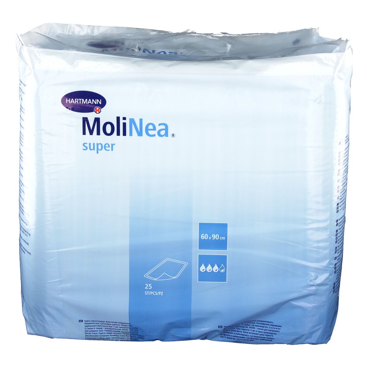 Verpackung MoliNea super, 60x90 cm, 25 Stück. Marke Hartmann. Produktbezeichnung und Größenangabe auf der Verpackung.
