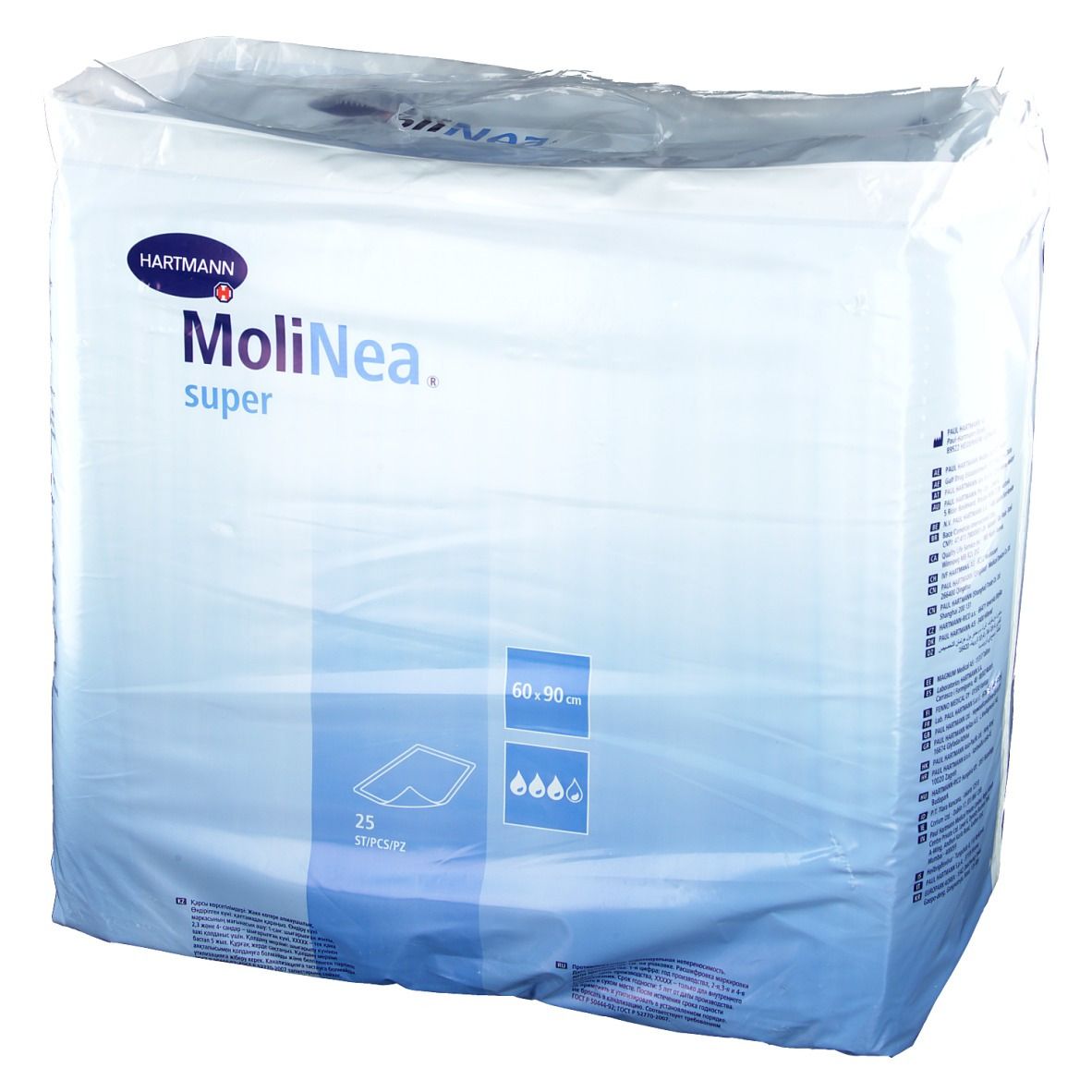 Verpackung MoliNea super, 60x90 cm, 25 Stück. Marke Hartmann. Produktbezeichnung und Größenangabe auf der Verpackung.