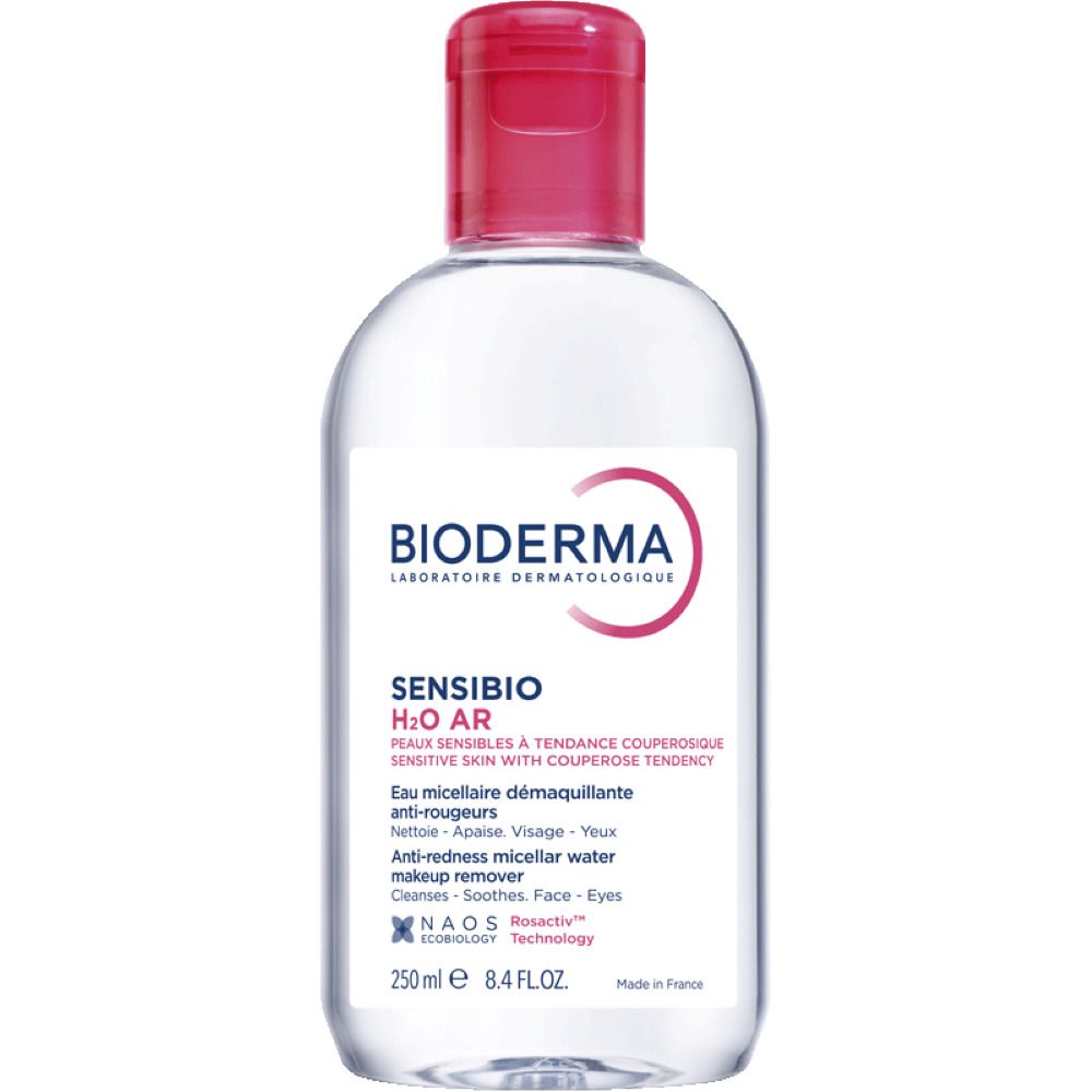 Transparante fles, rode dop. BIODERMA Sensibio H2O AR, micellair water. Meertalige tekst.