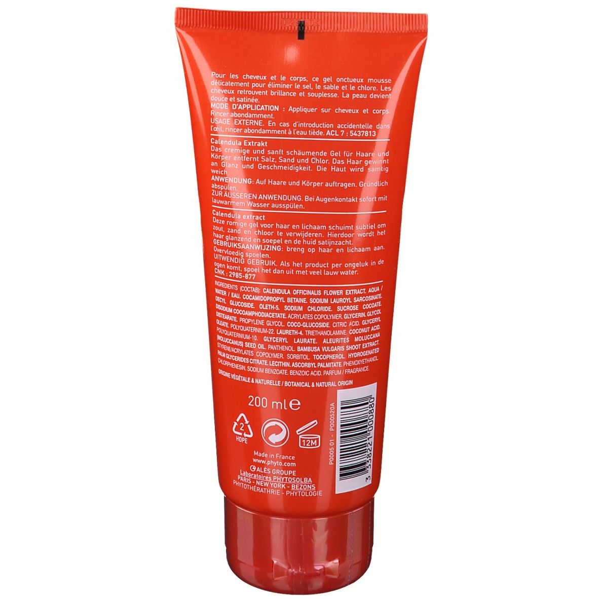Dos du tube rouge Phyto Phytoplage. Texte et ingrédients sur fond blanc. 200 ml.