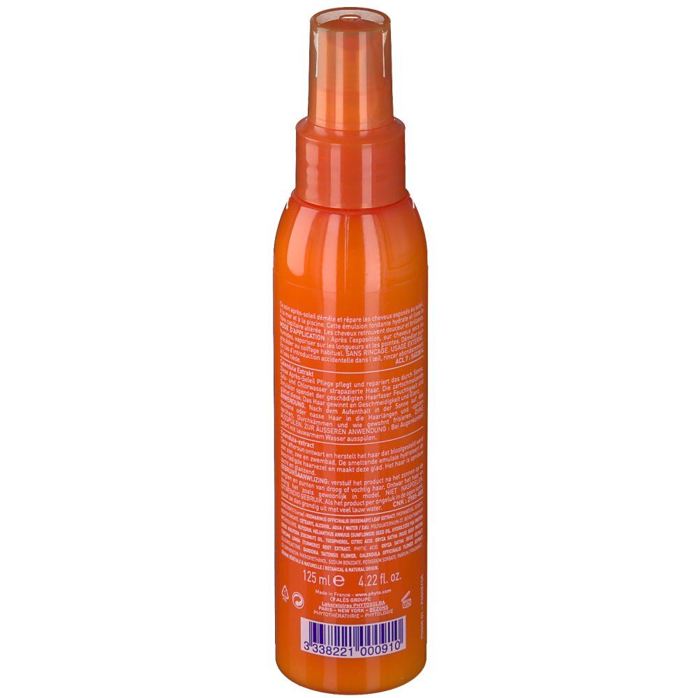 Orangefarbene Sprühflasche. Rückansicht mit Text. Transparente Kappe. Volumenangabe: 125 ml.