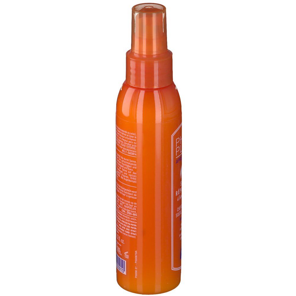Orangefarbene Sprühflasche. Seitliche Ansicht mit Text. Transparente Kappe. Etikett mit Produktinformationen.