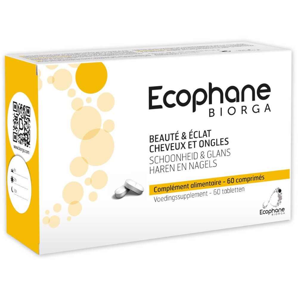 Boîte de comprimés Ecophane Biorga. Beauté & éclat cheveux et ongles. 60 comprimés. Comprimés visibles.
