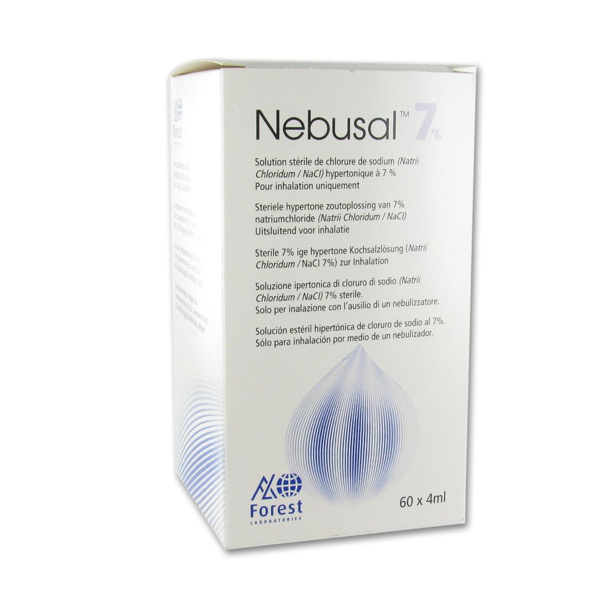 Witte verpakking met productnaam Nebusal 7%. Bevat 60 ampullen van 4 ml. Logo van Forest Laboratories.