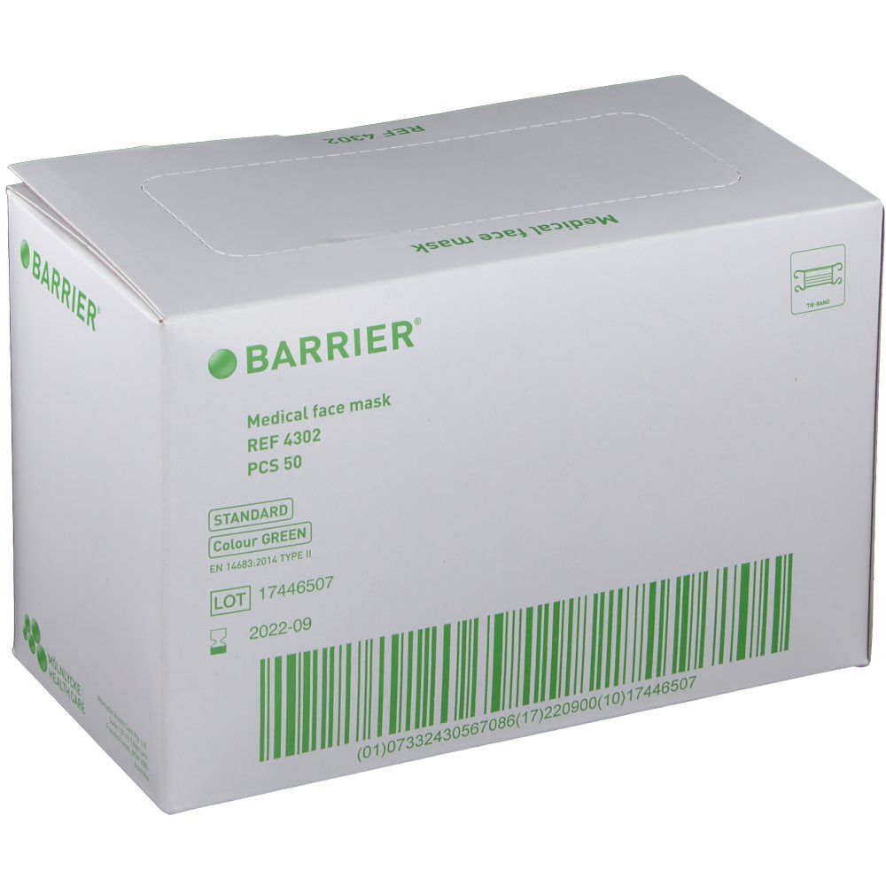 Emballage de masque médical vert. Inscriptions: Barrier, Medical face mask, REF 4302, PCS 50, Standard, marquage CE.