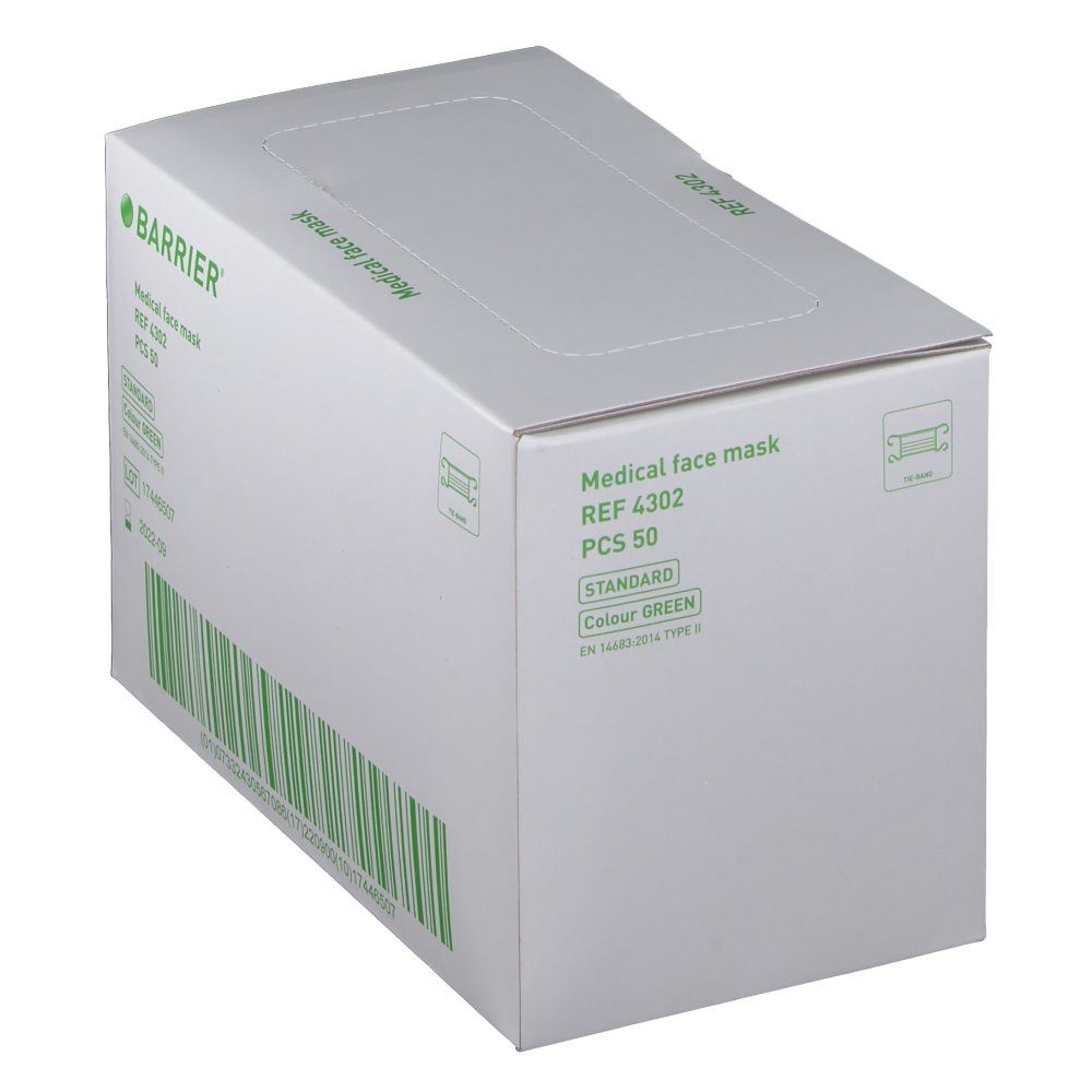 Emballage de masque médical vert. Inscriptions: Barrier, Medical face mask, REF 4302, PCS 50, Standard, marquage CE.