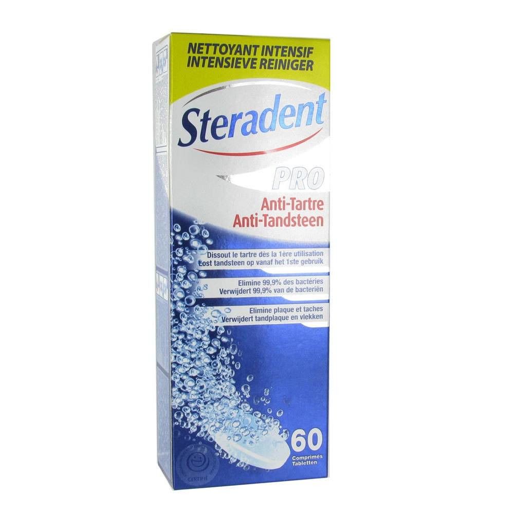 Doos met 60 tabletten. Opschrift Steradent Pro Anti-Tartre. Blauw en witte verpakking. Bevat 60 tabletten.