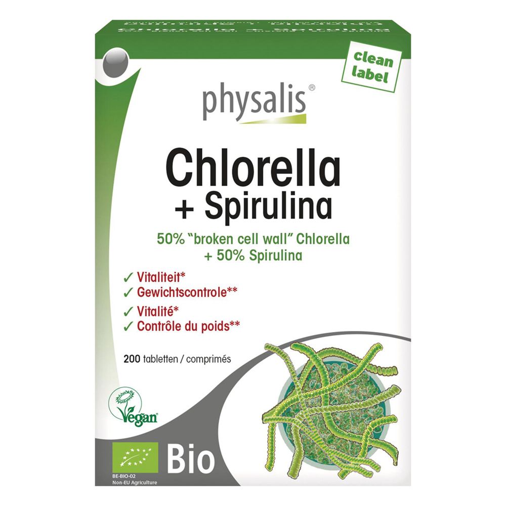 Chlorella + Spirulina Verpackung. Grün-weiße Schachtel mit Produktnamen, Inhaltsstoffen und Bio-Siegel.