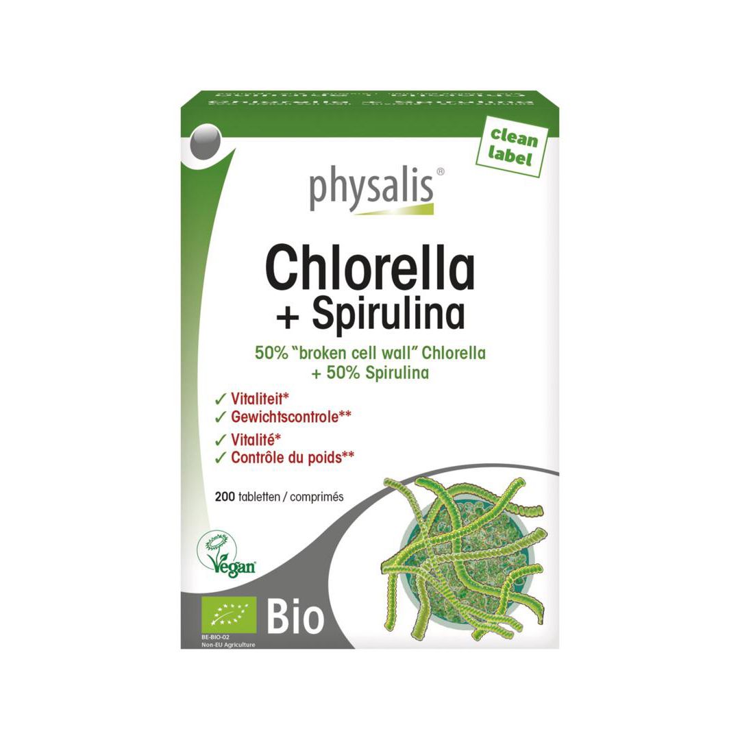 Boîte Chlorella + Spirulina. Boîte verte et blanche avec nom du produit, ingrédients et label Bio.