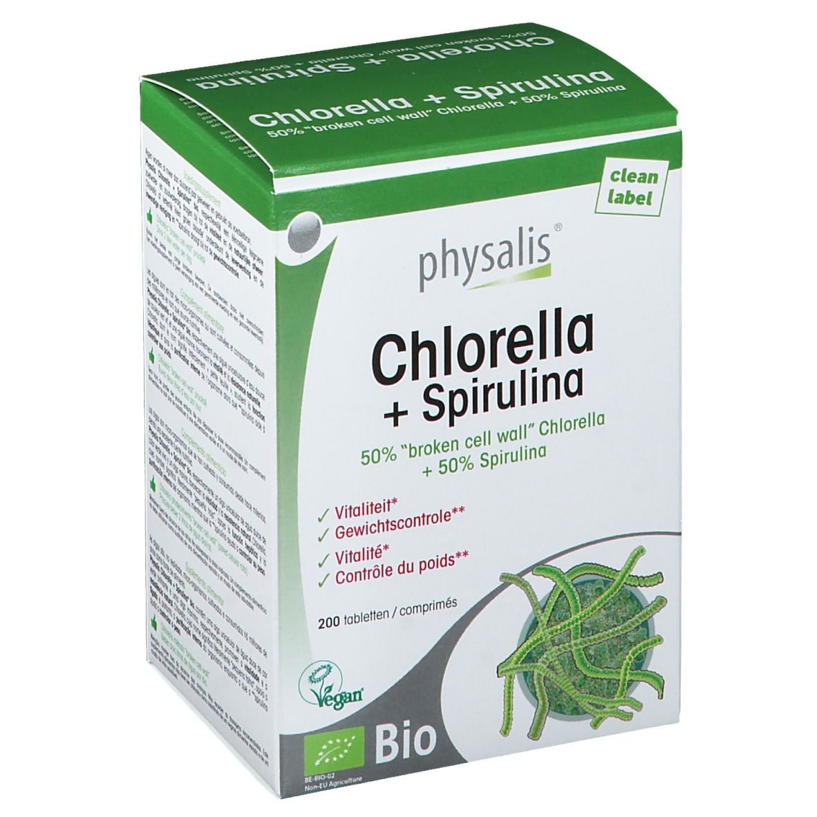 Verpackung von Chlorella + Spirulina. Grün-weiße Schachtel mit Produktnamen, Inhaltsstoffen und Bio-Siegel.