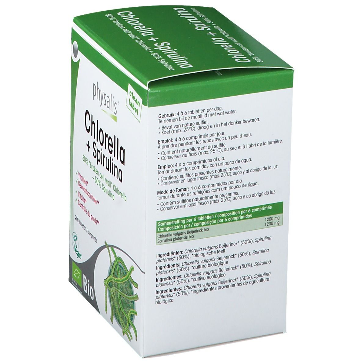 Rückseite der Chlorella + Spirulina Verpackung. Enthält Informationen zu Anwendung, Inhaltsstoffen und Nährwerten.