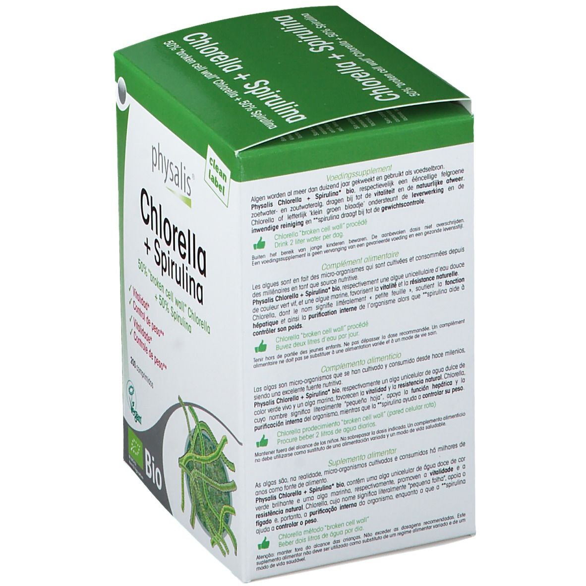 Chlorella + Spirulina Verpackung. Enthält Informationen zu Anwendung, Inhaltsstoffen und Nährwerten.
