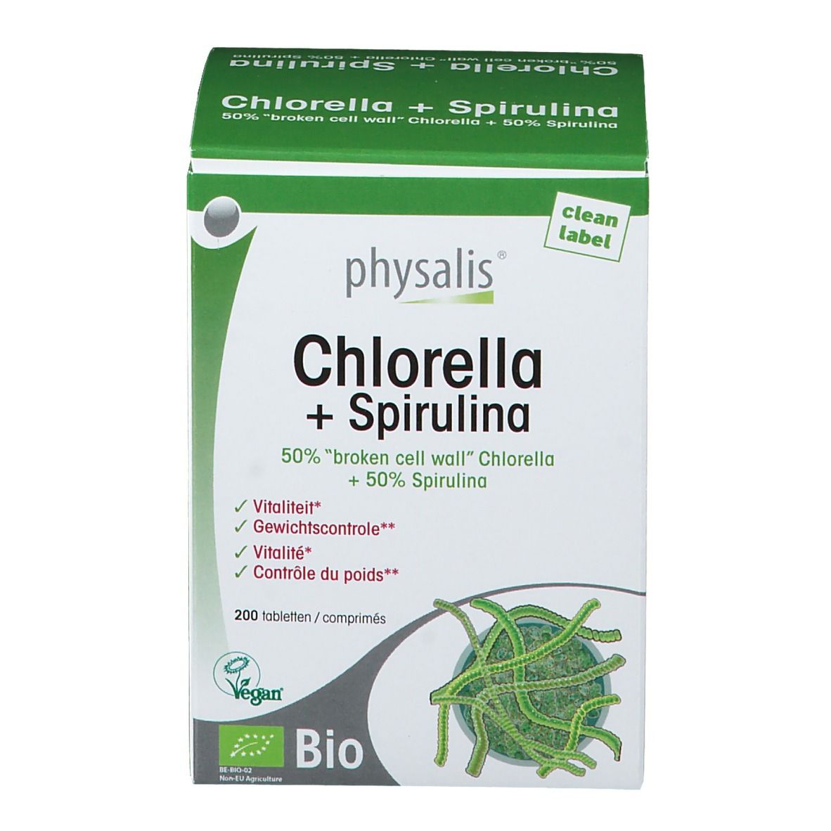 Chlorella + Spirulina Verpackung. Grün-weiße Schachtel mit Produktnamen, Inhaltsstoffen und Bio-Siegel.
