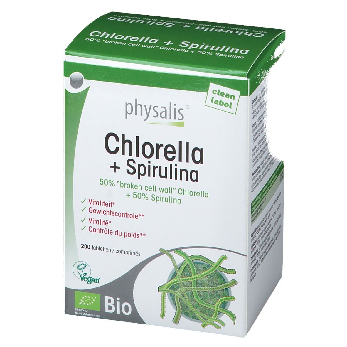 Chlorella + Spirulina Verpackung. Grün-weiße Schachtel mit Produktnamen, Inhaltsstoffen und Bio-Siegel.