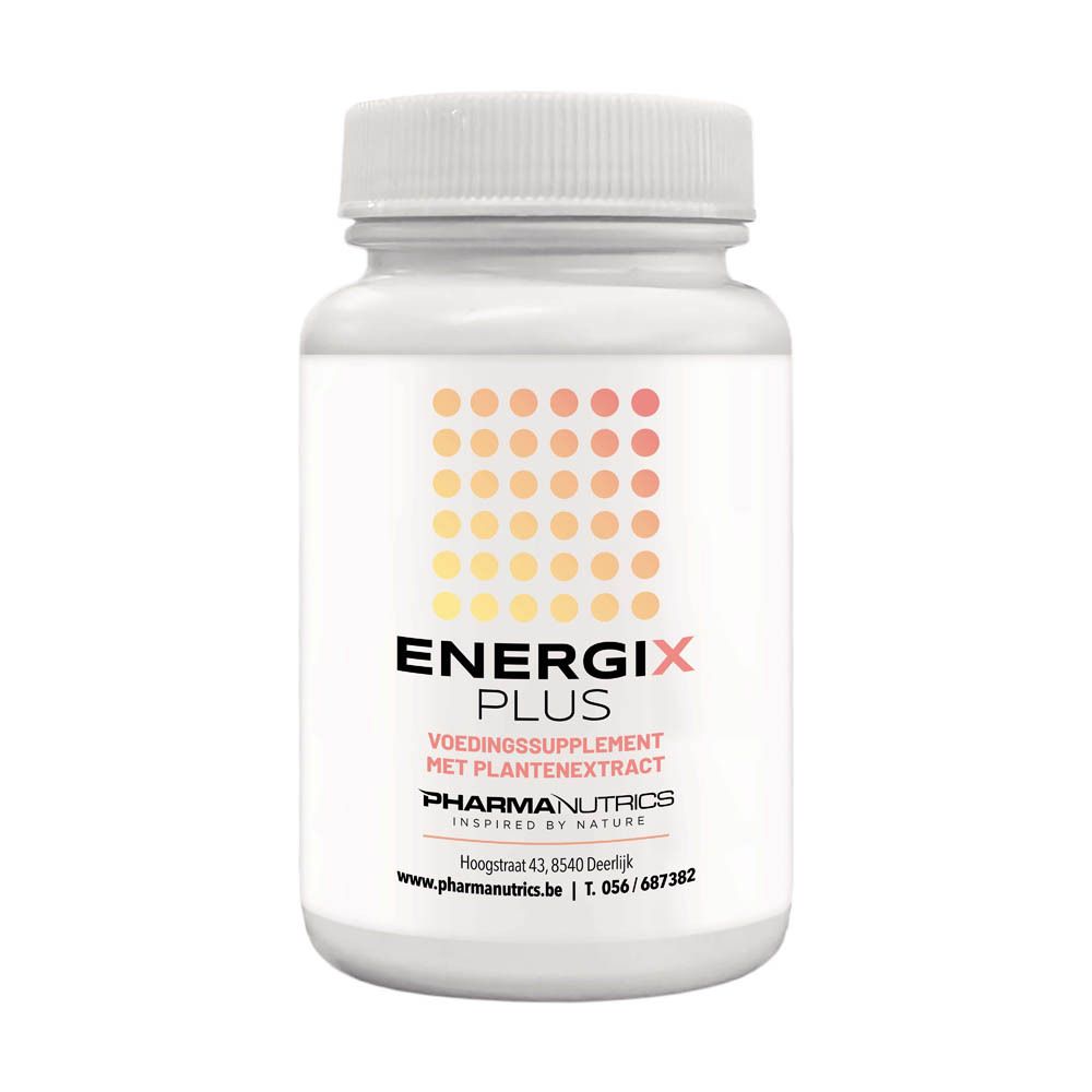 Flacon blanc avec capsules. Inscription ENERGIX PLUS, dessous VOEDINGSSUPPLEMENT MET PLANTENEXTRACT. Marque PHARMANUTRICS.