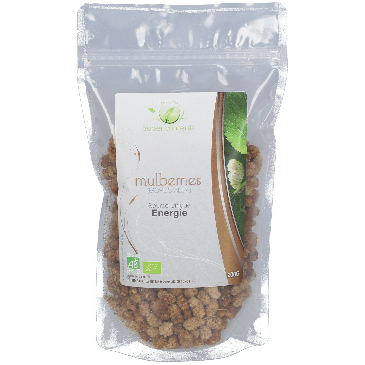 Sachet transparent de fruits secs. Étiquette avec texte et label bio.