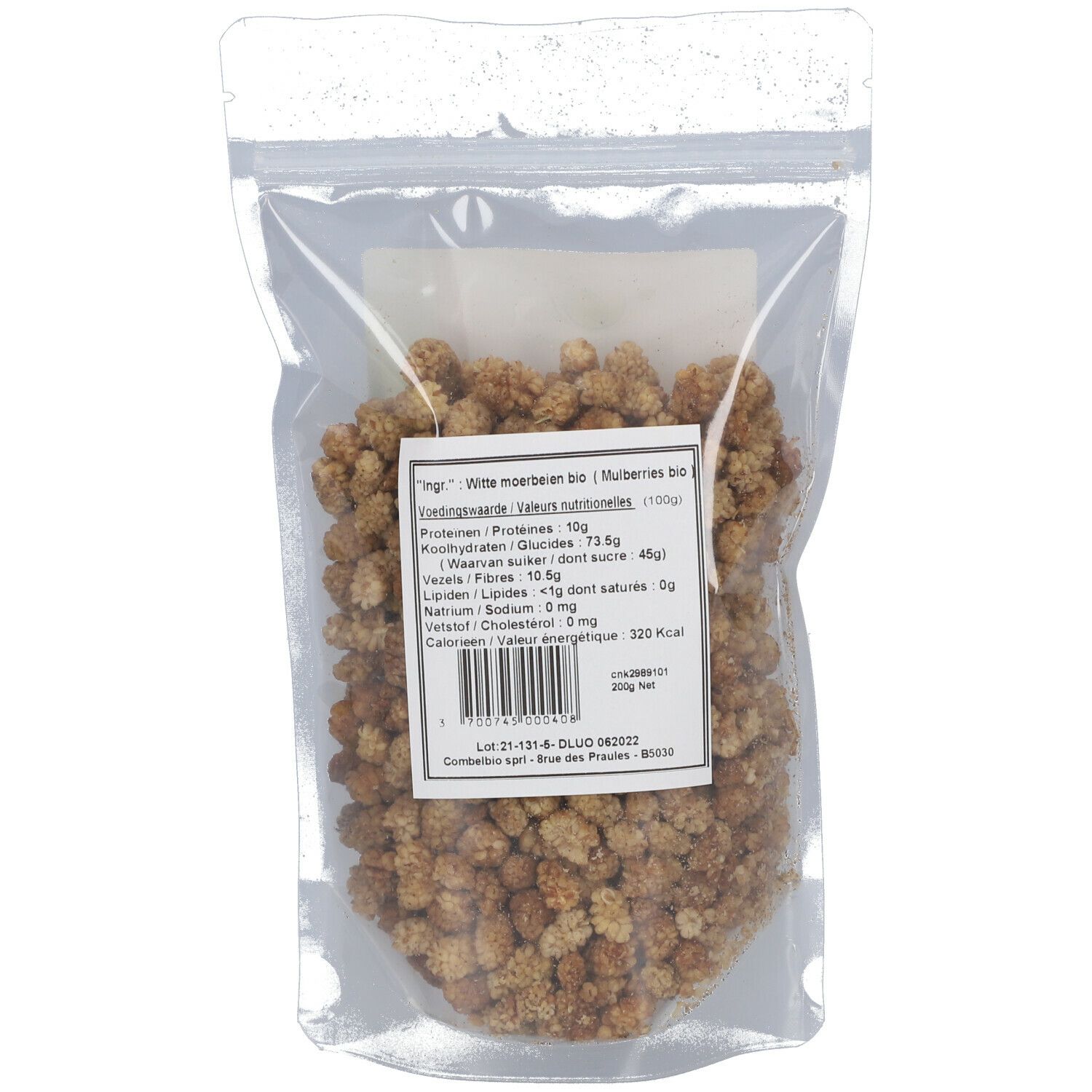 Sachet transparent de fruits secs. Étiquette avec informations nutritionnelles.