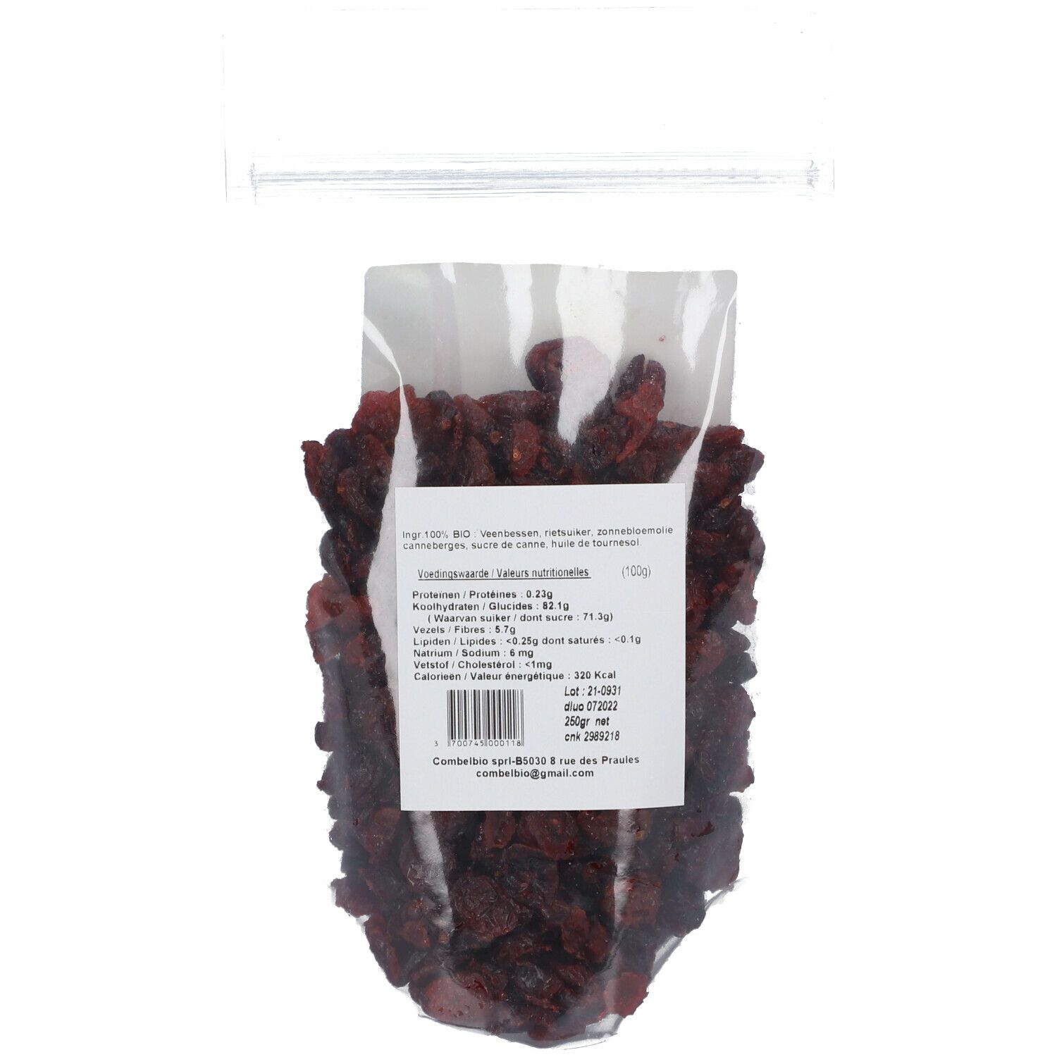Dos d'un sachet de cranberries séchées. Informations nutritionnelles et autres informations imprimées.