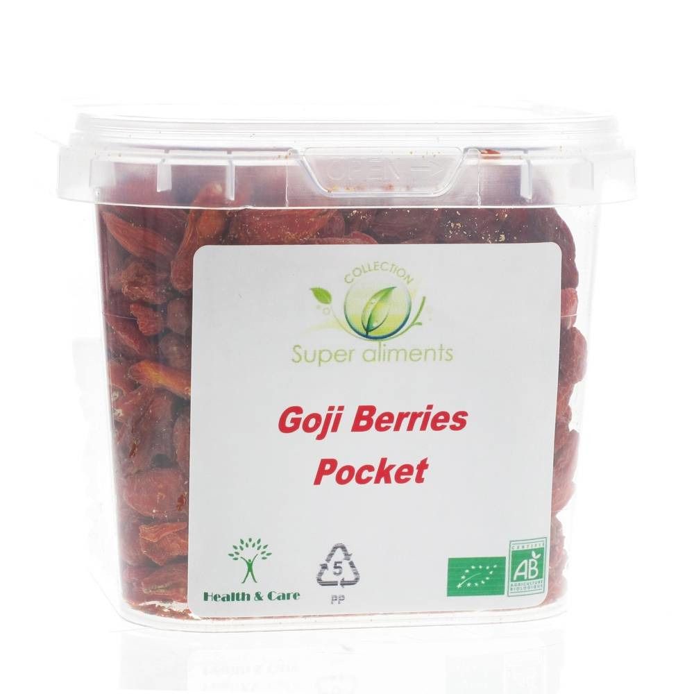 Transparenter Behälter mit Goji-Beeren. Aufkleber mit Produktnamen, Logo und Bio-Siegel.