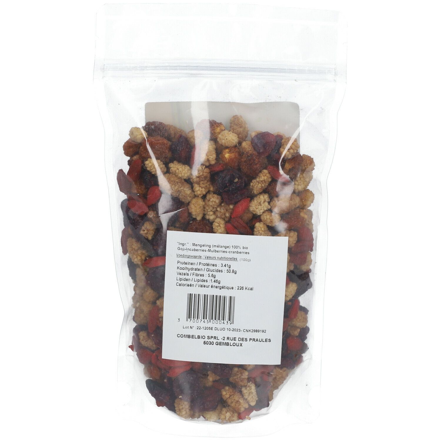Sachet transparent avec fruits secs. Dos avec étiquette, texte et informations nutritionnelles. Code-barres visible.