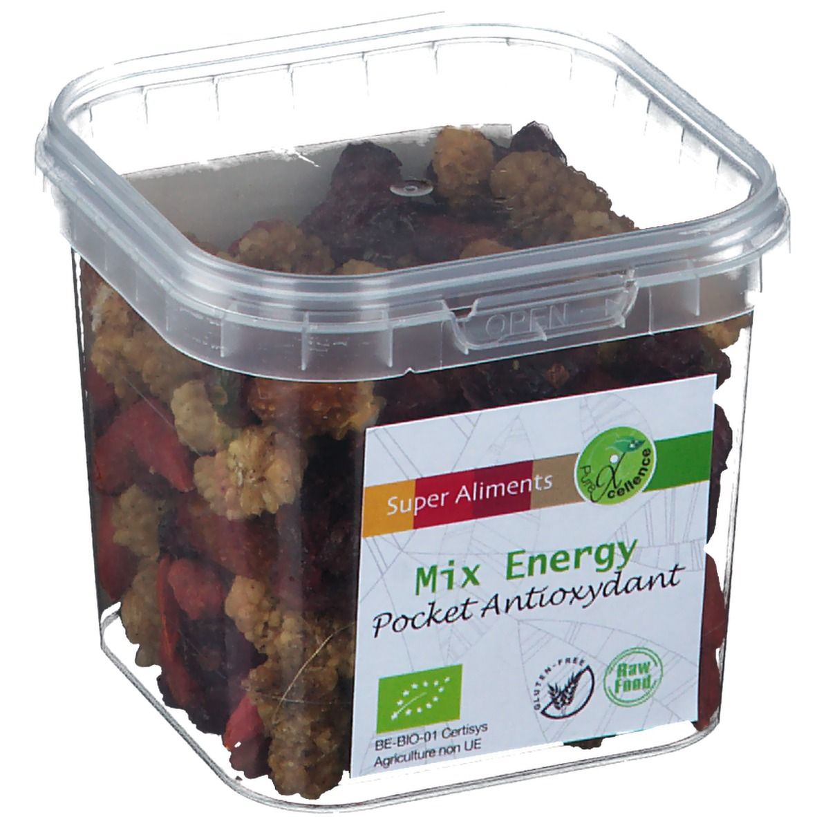Récipient transparent de Super Aliments Mix Energy. Contient Goji, baies d'Inca, mûres et canneberges. Certification bio.