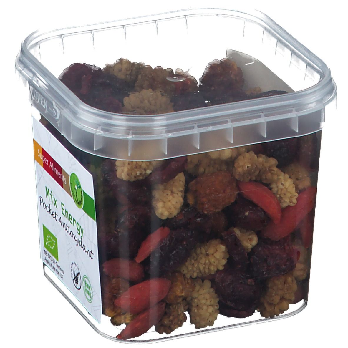 Récipient transparent de Super Aliments Mix Energy. Contient Goji, baies d'Inca, mûres et canneberges. Certification bio.