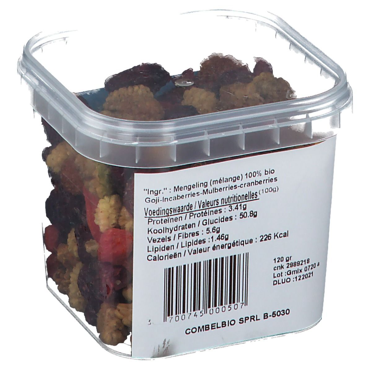 Récipient transparent de Super Aliments Mix Energy. Contient Goji, baies d'Inca, mûres et canneberges. Informations nutritionnelles.