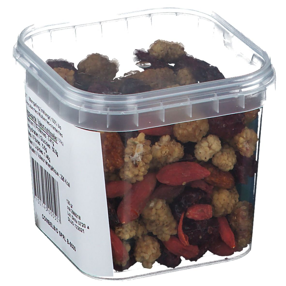 Récipient transparent de Super Aliments Mix Energy. Contient Goji, baies d'Inca, mûres et canneberges. Informations nutritionnelles.